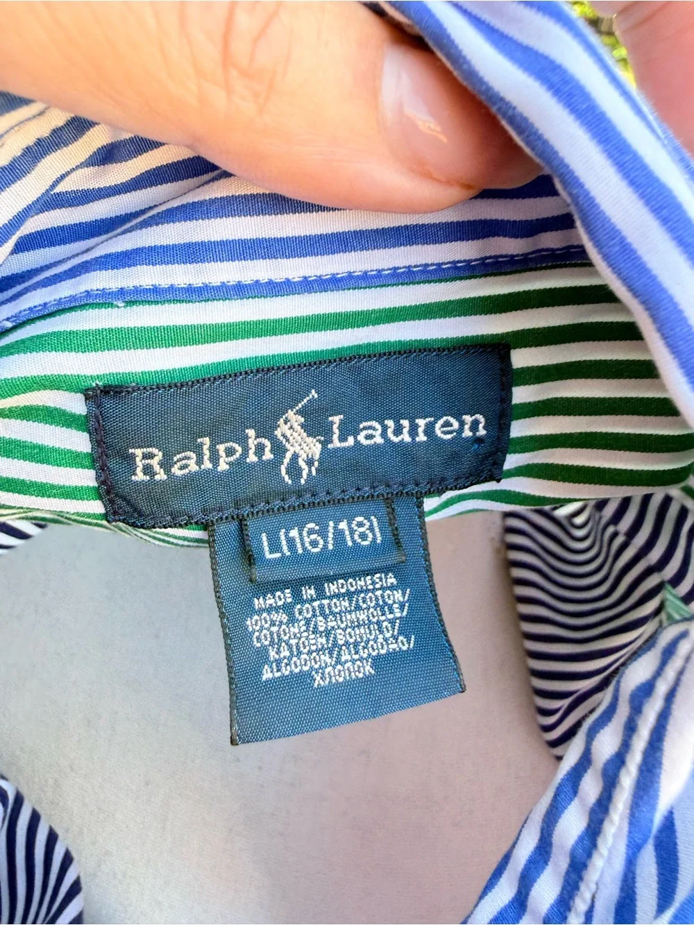 Ralph Lauren Blue, Green & White Striped Button-Up Shirt